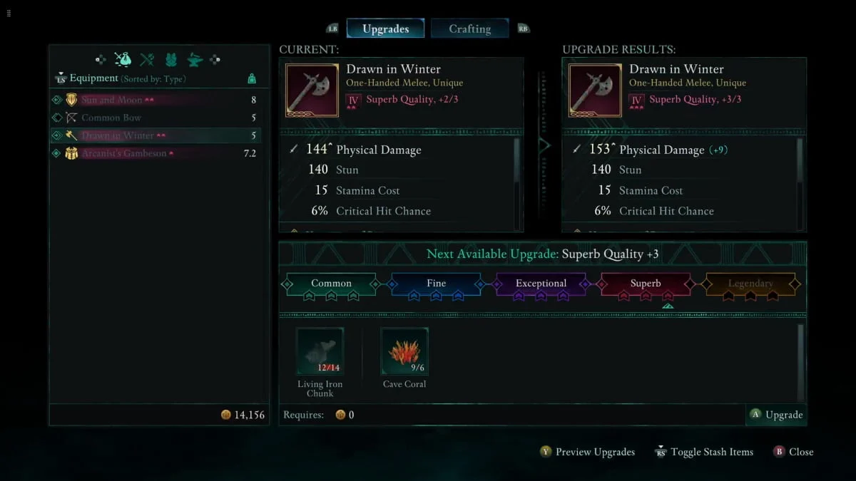 The equipment upgrade screen in Avowed showing required crafting materials and a comparison of stats.