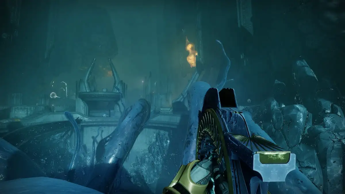 A guardian holds Barrow-Dyad in the spawn of the Mausoleum in the Nether in Destiny 2.