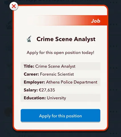 Picture showing the Forensic Scientist job role in Bitlife.