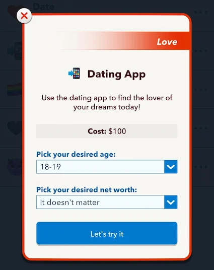 Picture showing the Dating app to date younger men in Bitlife.