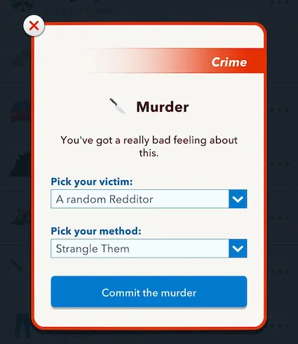 Picture showing the Murder option in The Herc the Merc challenge in Bitlife.