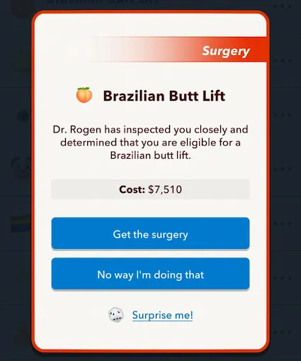 Picture showing Brazilian Butt Lift box to finish Valentine's Day Scavenger Hunt in BitLife.