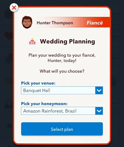 Picture showing Wedding Planning box to finish Valentine's Day Scavenger Hunt in BitLife.