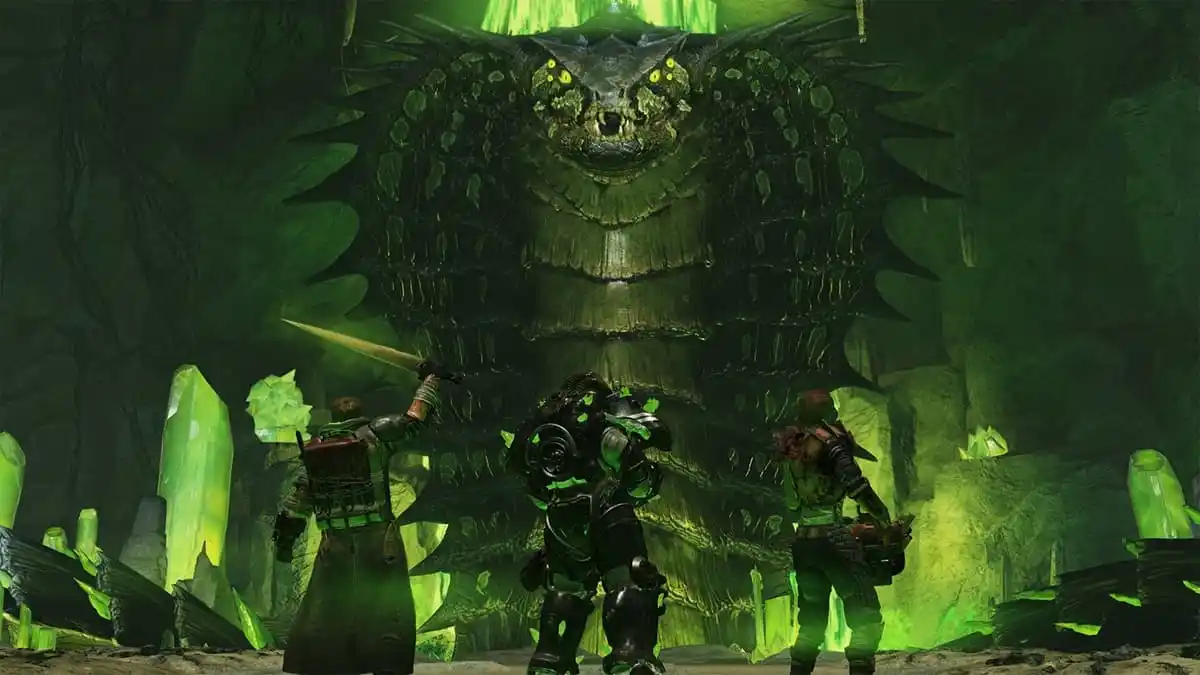 Three adventurers facing a giant black snake with multiple eyes on a green crystalline terrain with several crystals in the background