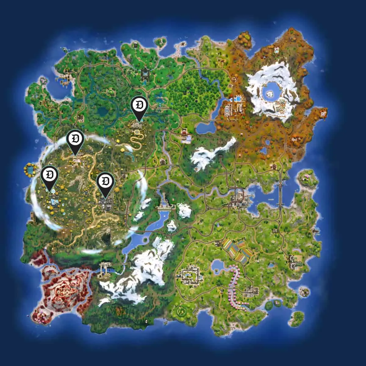 A Fortnite map for Chapter Six, season two with new locations marked.