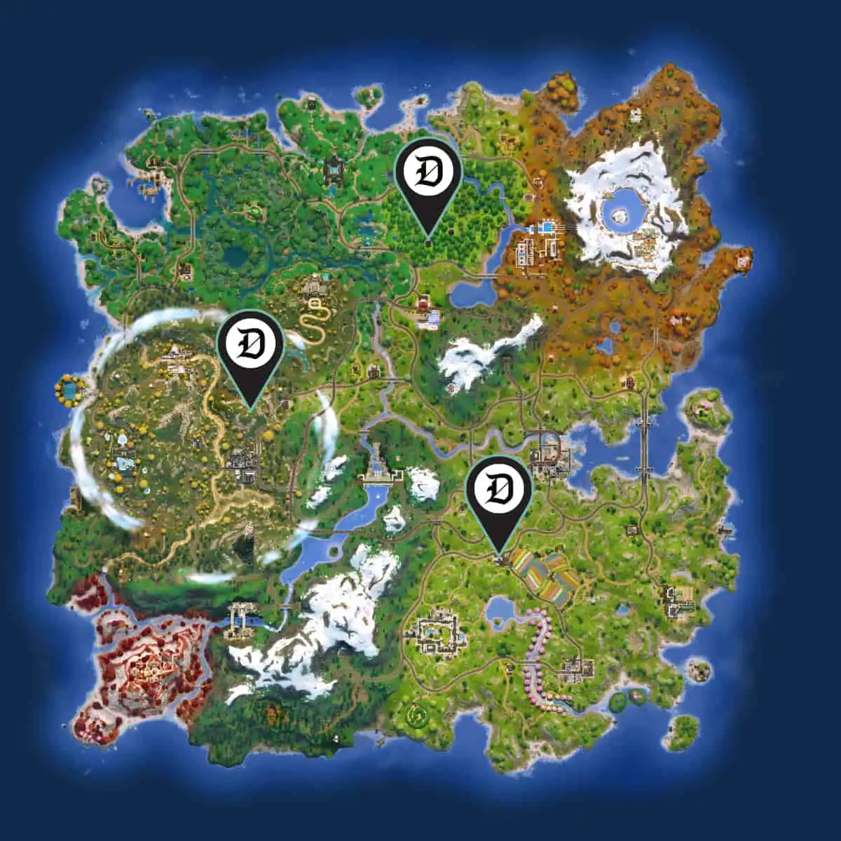 The Fortnite map for Chapter Six, season two with Black Market locations marked.