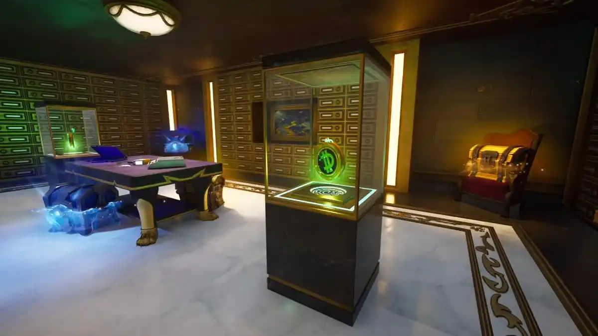 Inside a bank vault in Fortnite with a Dill Bit inside a container.