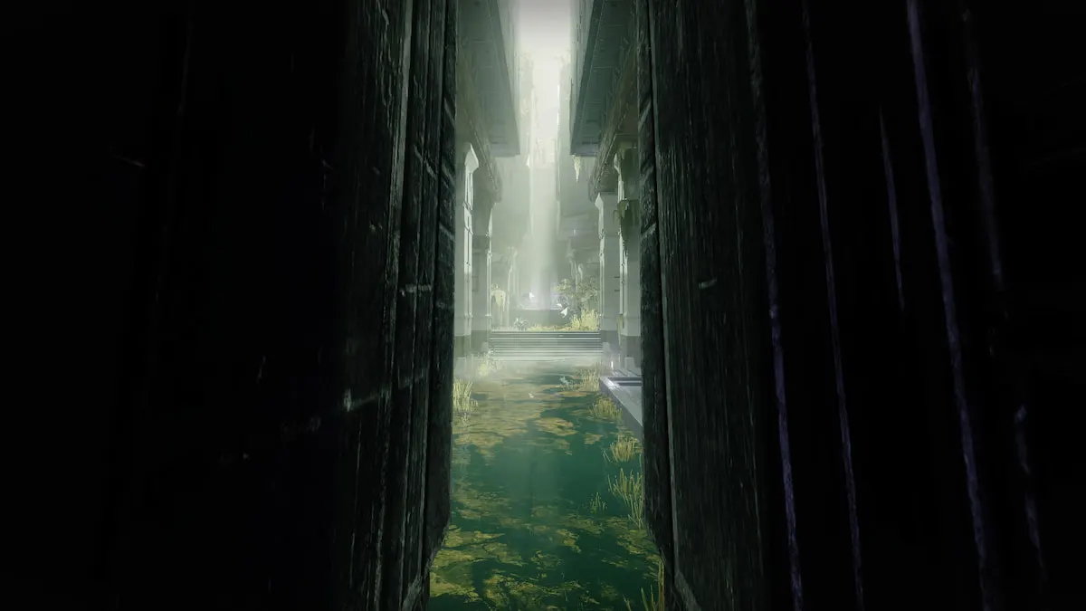 A flooded room is visible through a small doorway. The water is ankle-high.