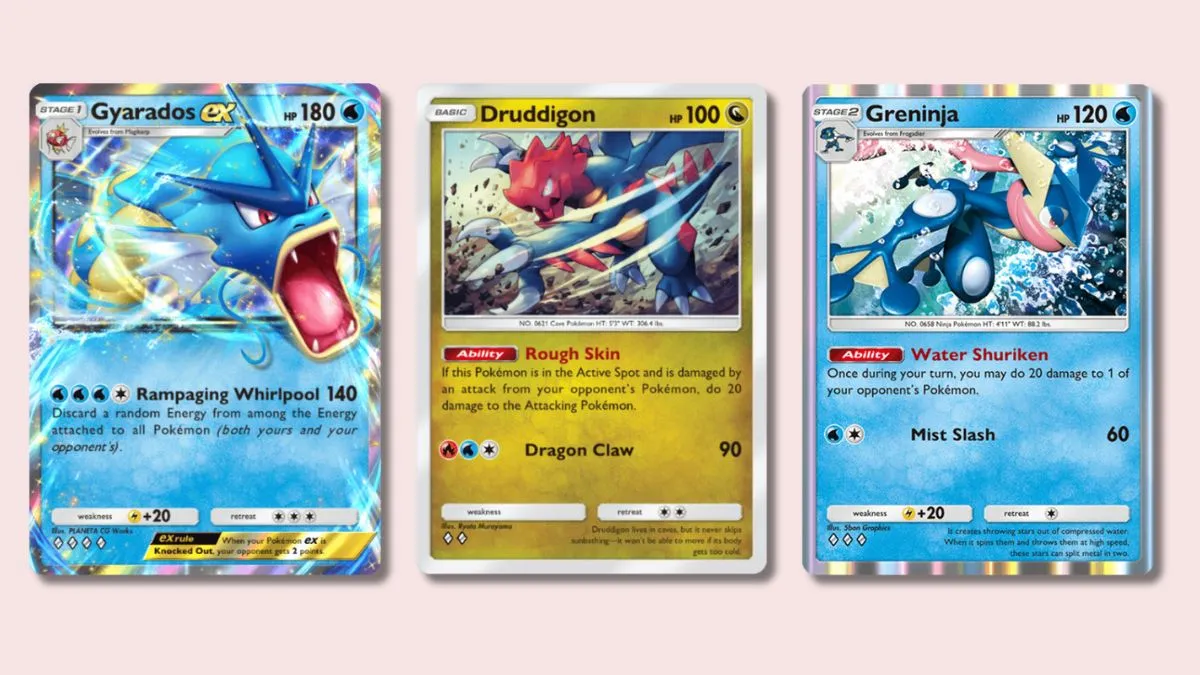 Gyarados ex, Druddigon, and Greninja Pokémon TCG Pocket cards on a pink background.