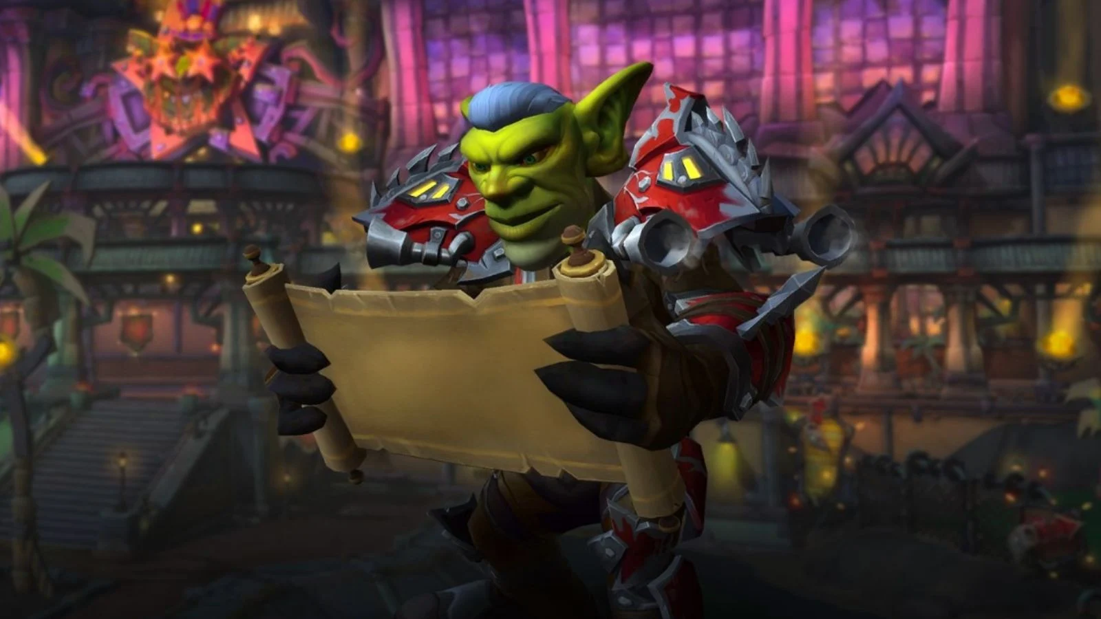 Goblin reading a map in World of Warcraft with the Undermine behind him.