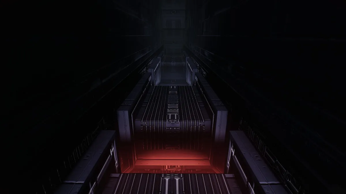 A room with a few gaps between platforms. Different colors of light are visible, including a shaft with a red glow.