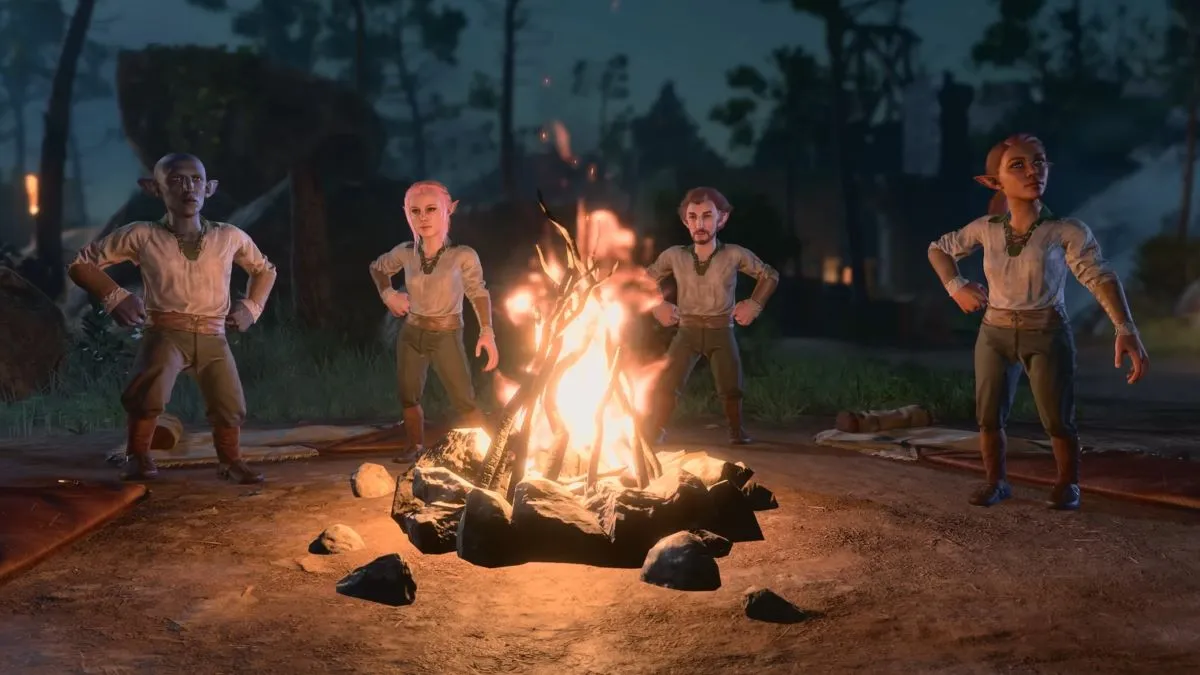 Four player-character gnomes in Baldur's Gate 3 pose while standing around a campfire at night.