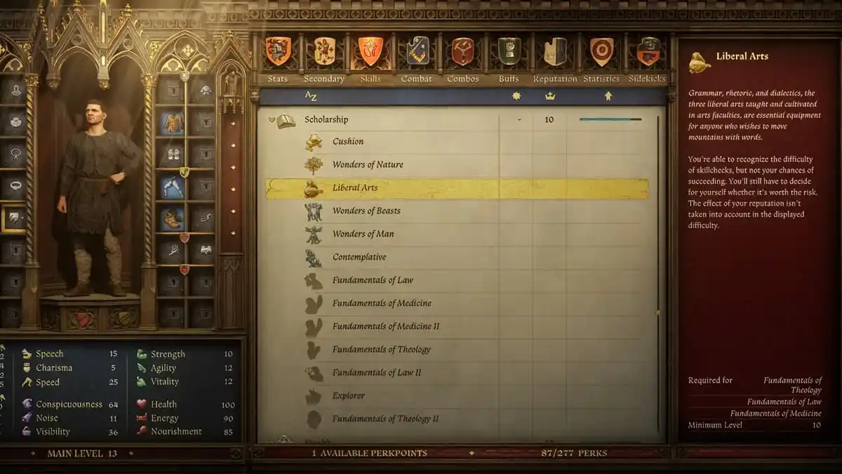 The perk tree in Kingdom Come Deliverance 2 showcasing the Liberal Arts perk.