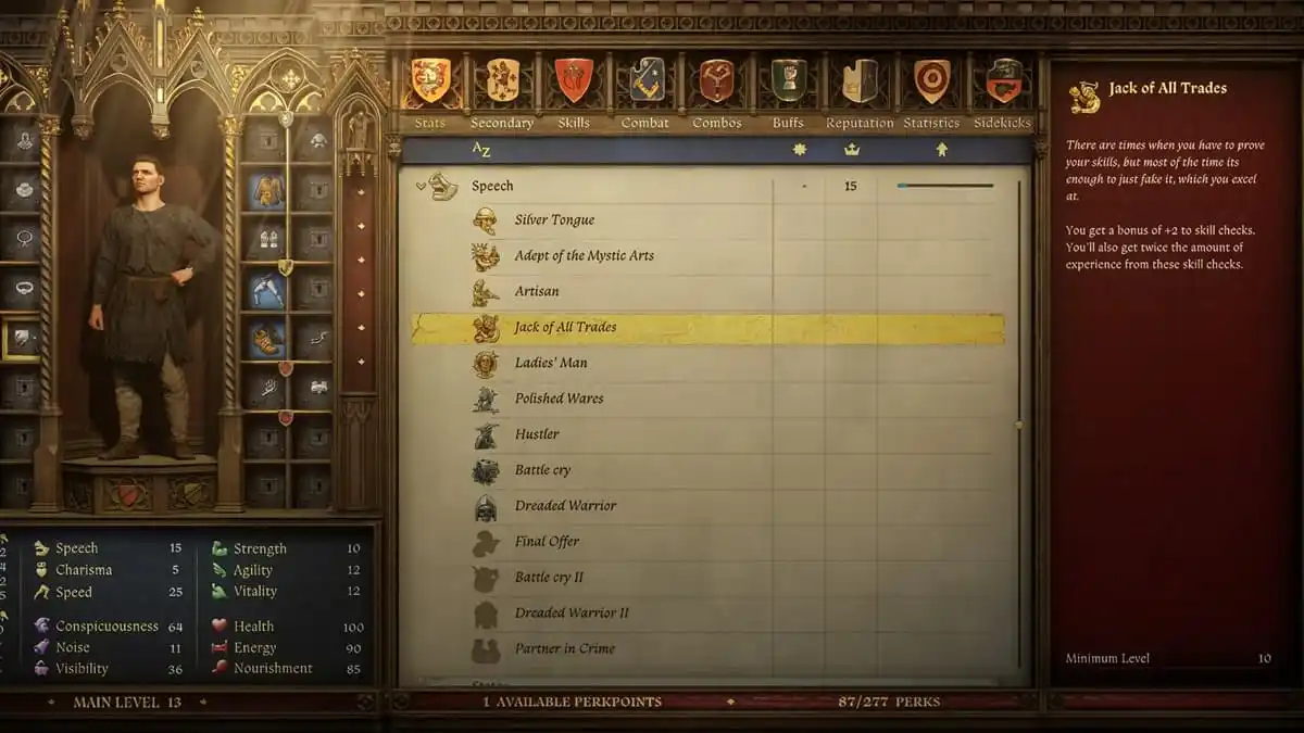 The perk tree in Kingdom Come Deliverance 2 showcasing the Jack of All Trades perk.