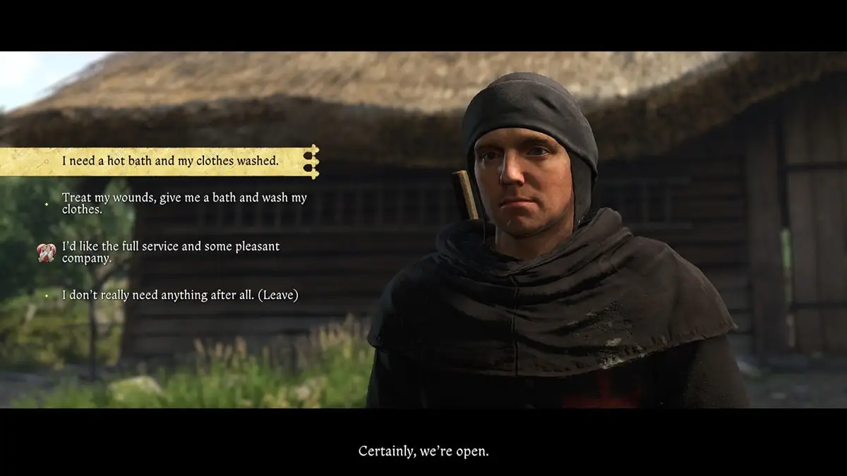 Henry of Skalitz looking at the camera with four different conversation options displayed on the left of the screen