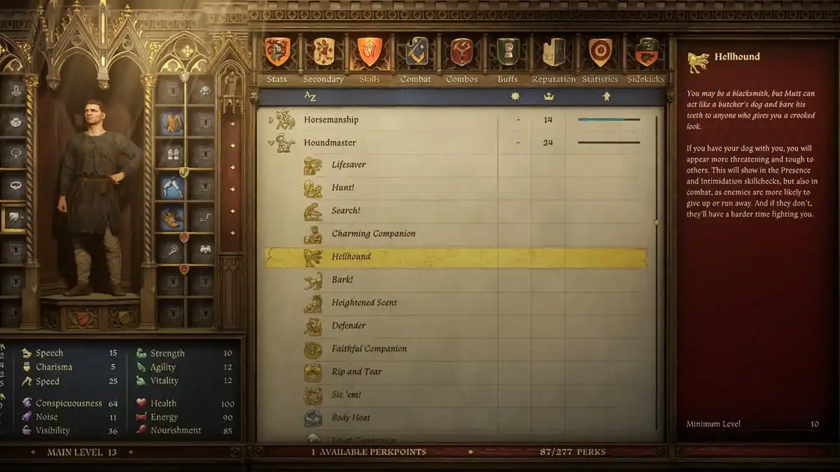 The perk tree in Kingdom Come Deliverance 2 showcasing the Hellhound perk.