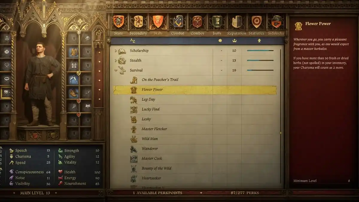 The perk tree in Kingdom Come Deliverance 2 showcasing the Flower Power perk.