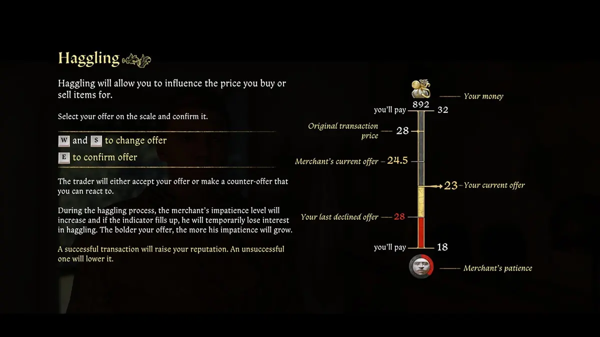 Black tutorial screen showcasing the Haggling skill and how to perform it in Kingdom Come Deliverance 2