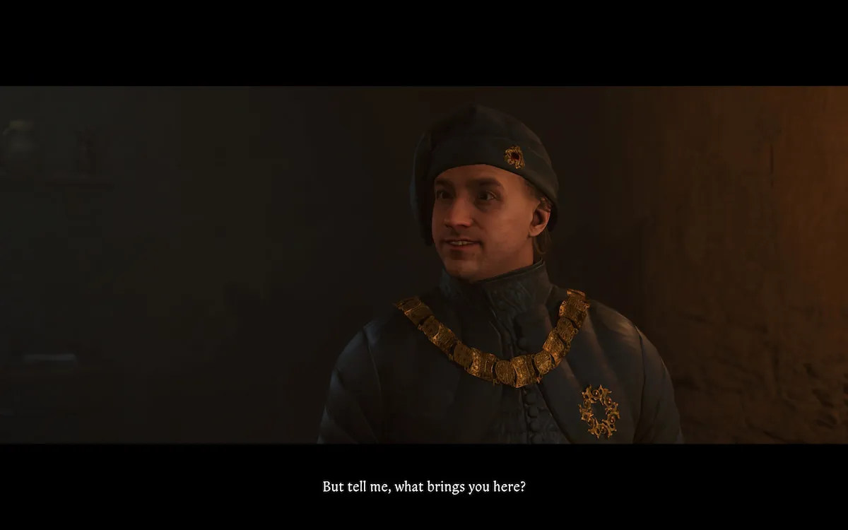 Nobleman dressed in black adorned with gold in conversation with the player character