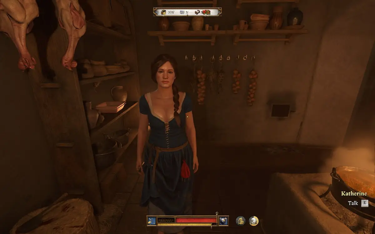 Woman with brown hair and a blue dress standing in a medieval kitchen next to a pot of boiling food