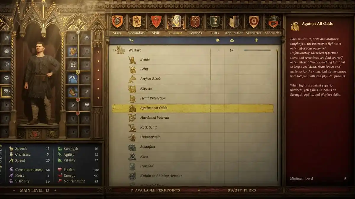 The perk tree in Kingdom Come Deliverance 2 showcasing the Against All Odds perk.