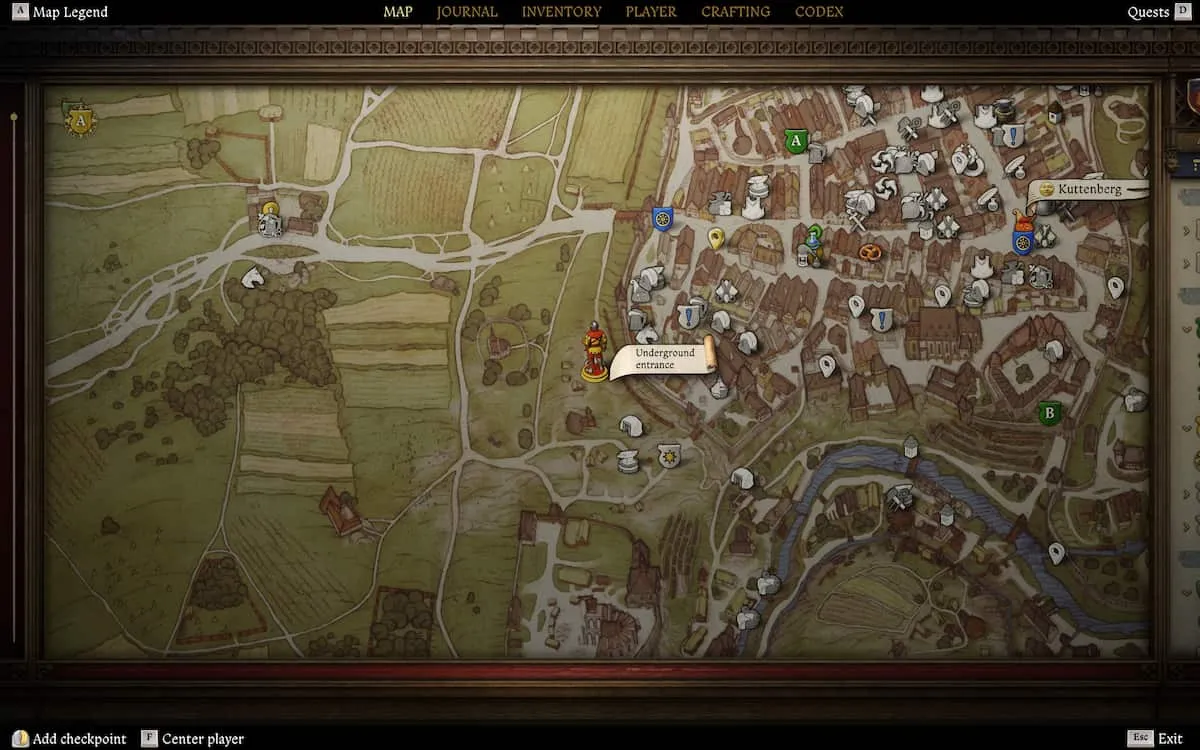 Map location showcasing Underground Entrance in Kingdom Come Deliverance 2