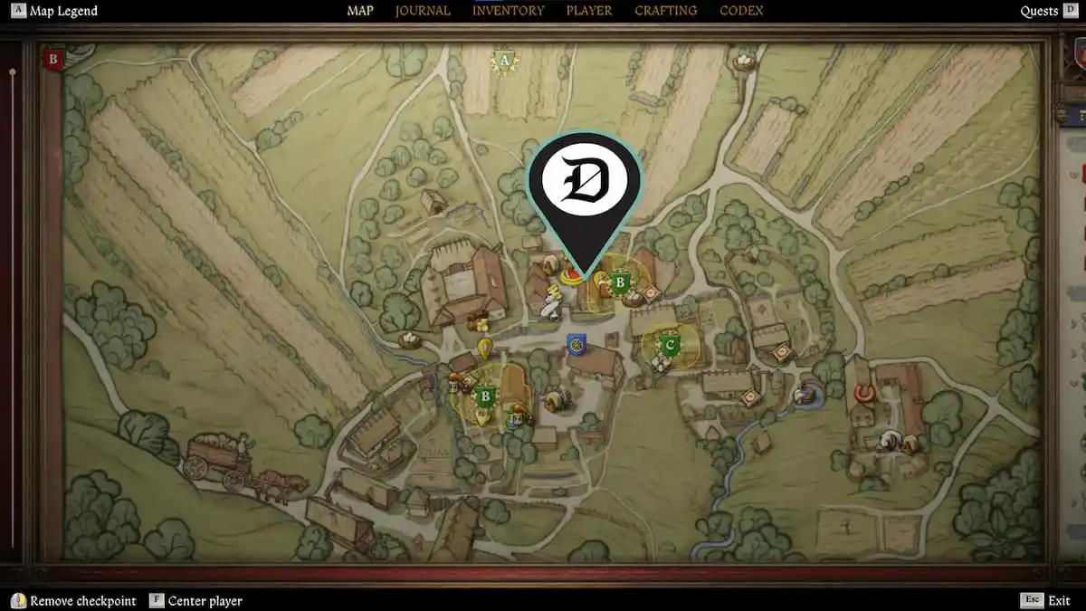 A map screenshot from Kingdom Come 2 featuring the location of the knight armor pieces.