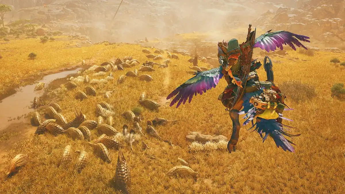 Monster Hunter flying into a pack of monsters in Monster Hunter Wilds