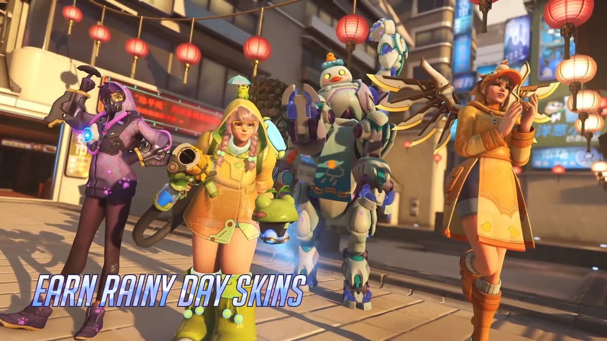 Picture showing Rainy day skins for different heroes in Overwatch 2.