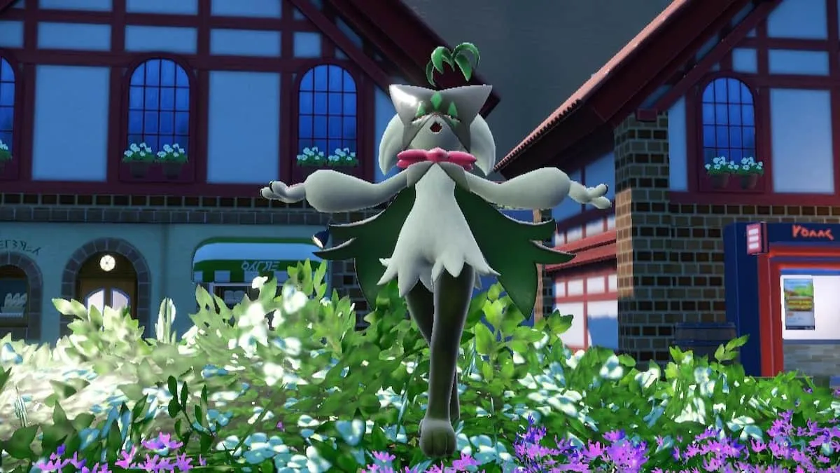 Meowscarada standing in a flower bed in Pokémon Scarlet and Violet.