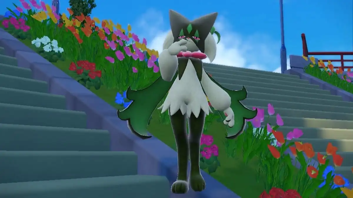 Meowscarada standing on stairs by flowers in Pokémon Scarlet and Violet.