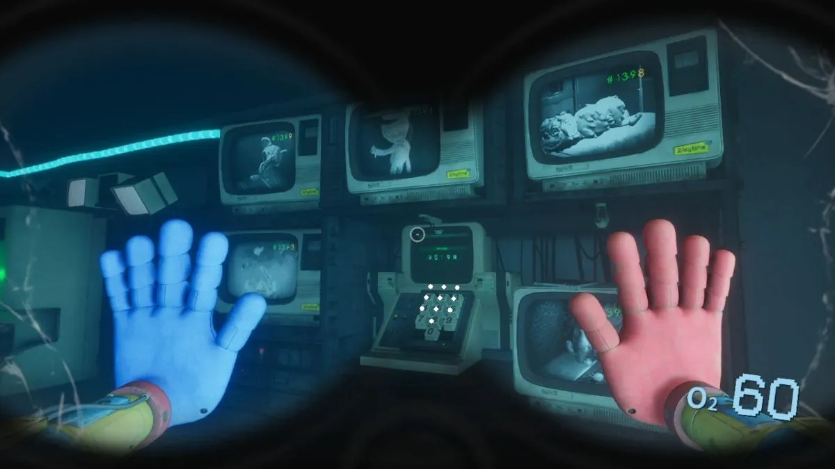 Looking through the gas mask at the Operating Room puzzle with five monitors showing different experiments on the monitors in Poppy Playtime Chapter 4