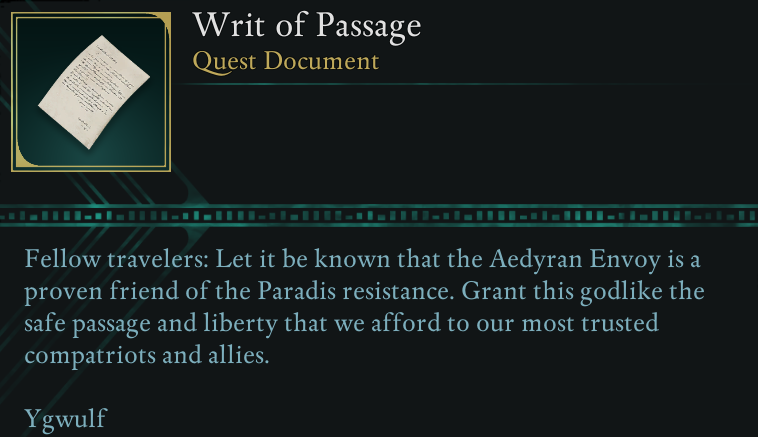 Writ of Passage document in Avowed