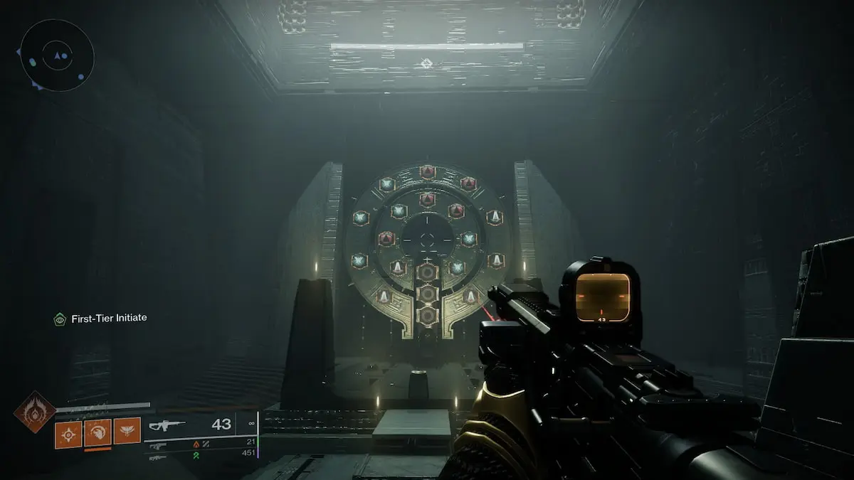 The dial in the Hidden base camp in Sundered Doctrine showing three symbols: Savathûn, Enter, Pyramid.