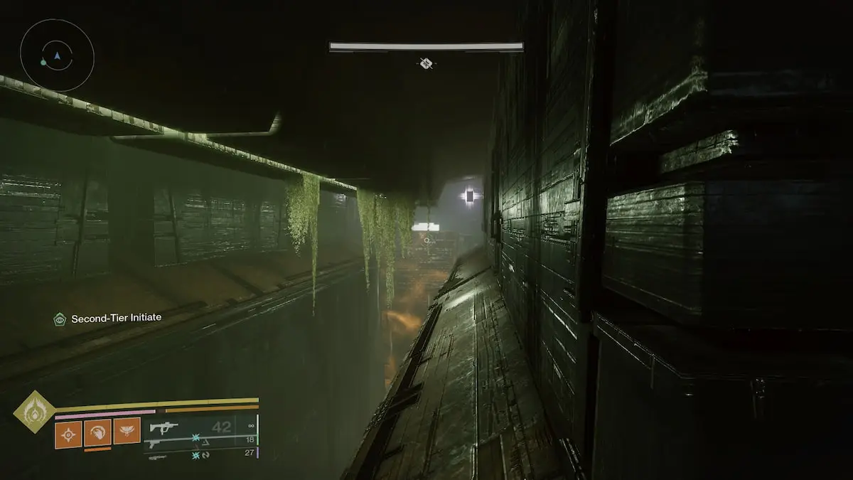 A screenshot from Destiny 2 showing a long hallway with shining metal walls