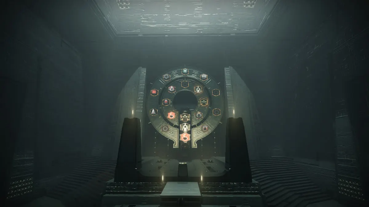 The dial in the Hidden base camp in the Sundered Doctrine dungeon, showing Hive, Grief, and Worm.