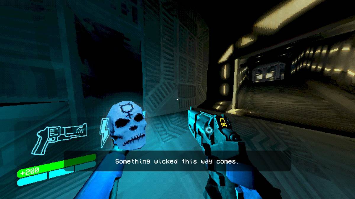 Holding the blue skull at the start of 0-S (Something Wicked) where text of the screen reads "something wicked this way comes"