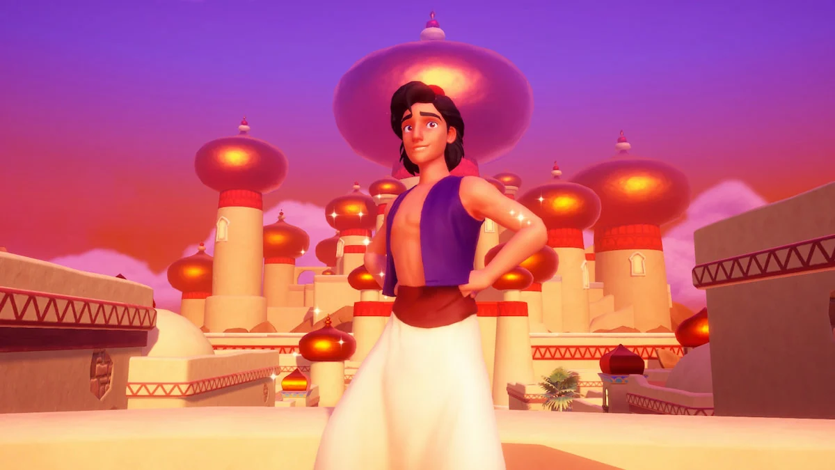 Aladdin standing in front of a palace in Disney Dreamlight Valley.