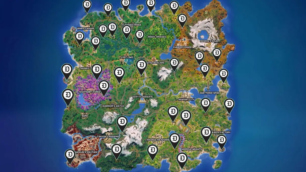 All Landmarks marked on a map in Fortnite.