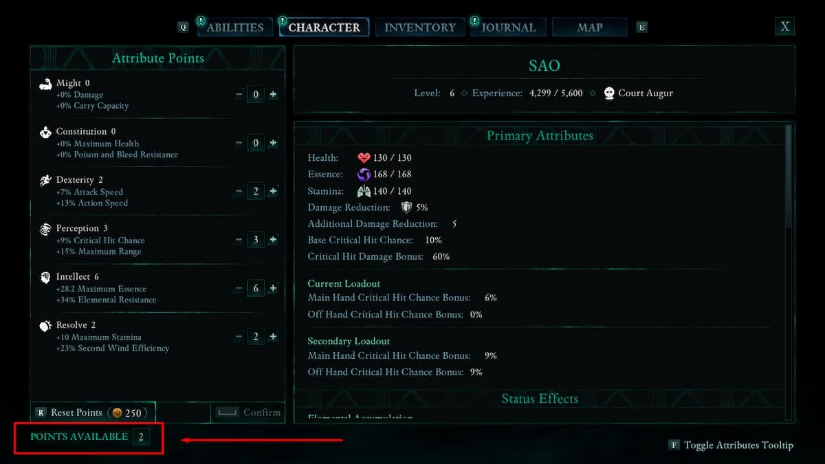 The Character tab in Avowed with the amount of attribute points available highlighted.