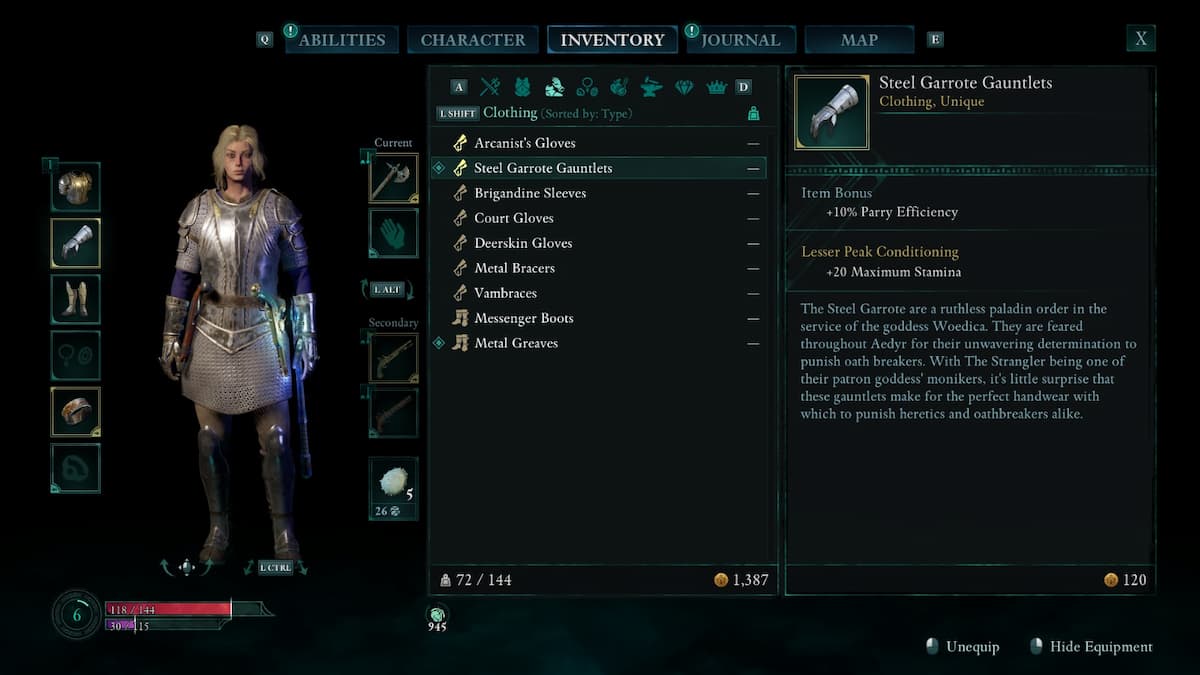 A female character in Avowed wearing plated armor, greaves, and gauntlets and carrying a pair of pistols and an axe at her waist. Various text boxes surround her saying Abilities, Character, Inventory, Journal, Map, and describing the items she wears.