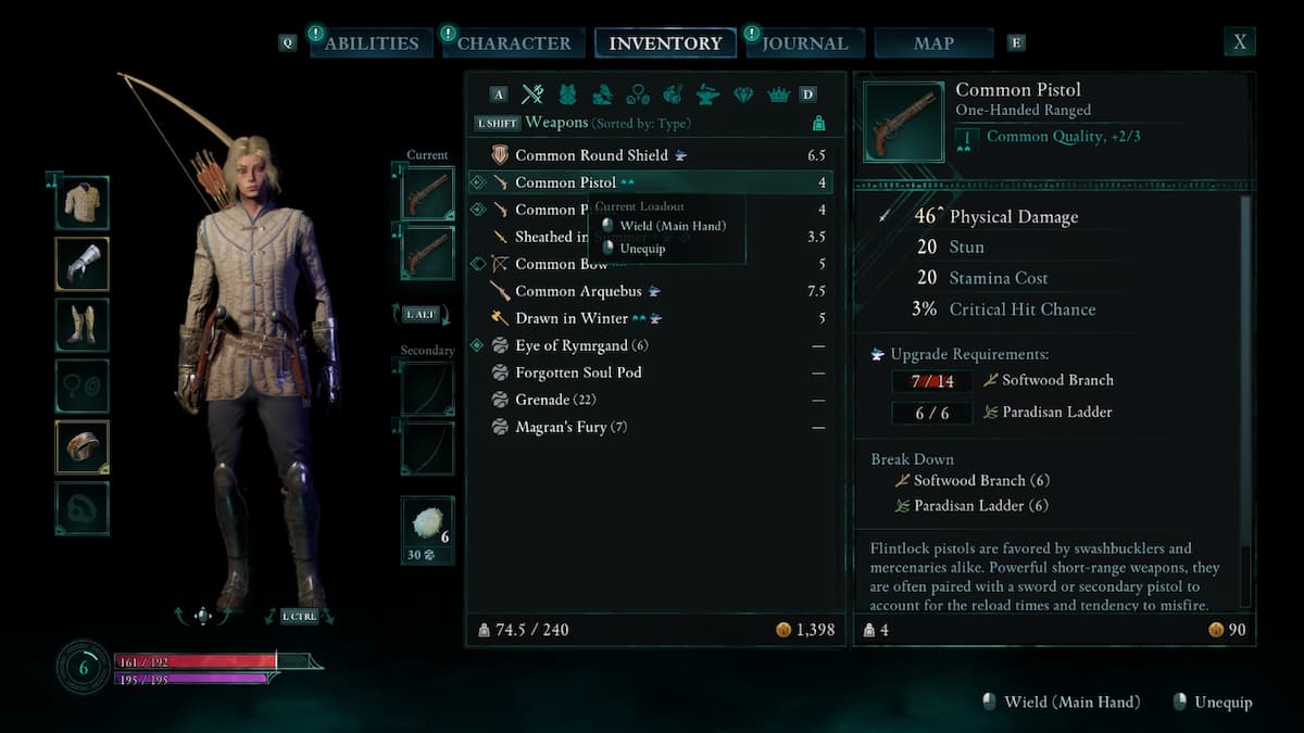 A female character in Avowed wearing pistols at her waist and a bow on her back dressed in a medieval-inspired gambeson while various stats and screens are displayed around her indicating Abilities, Character, Inventory, Journal, Map, and various items.