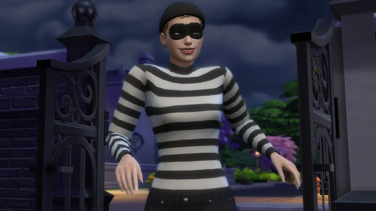 A Burglar sneaking around with a smile in The Sims 4.