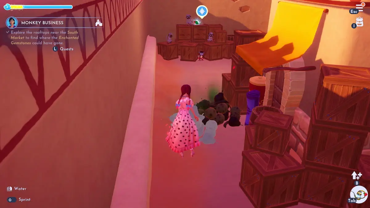 A player with long pink braids and a pink strawberry dress watering some rotten fruit in Disney Dreamlight Valley.