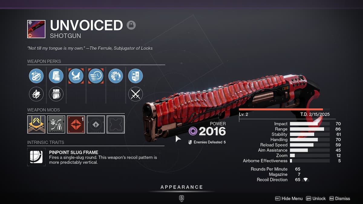 Unvoiced shotgun details in Destiny 2