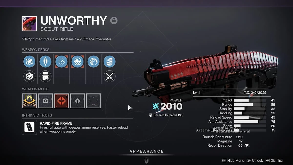 Unworthy roll screen in Destiny 2