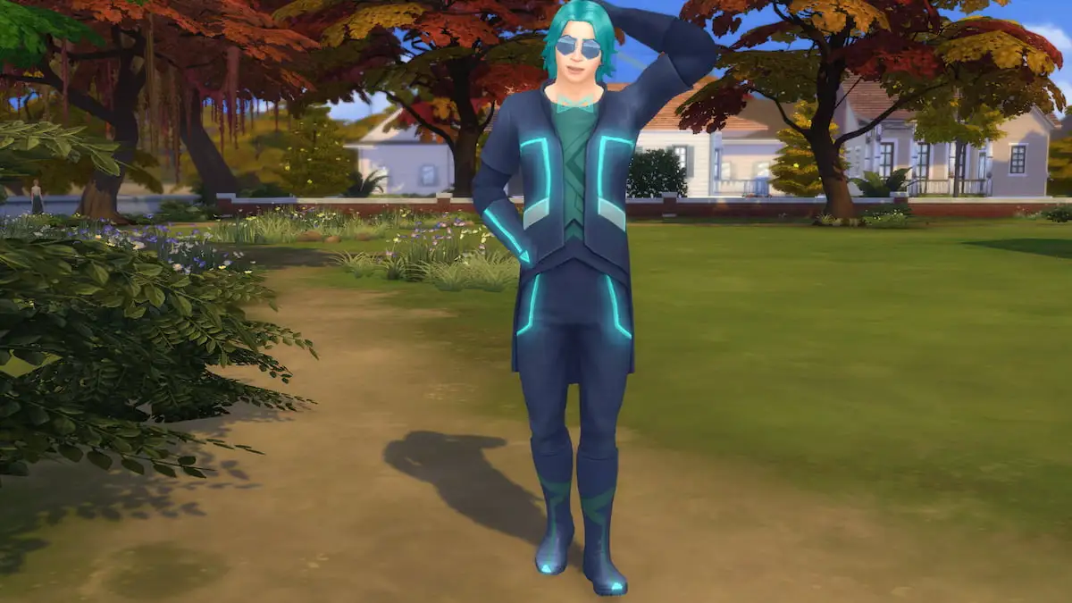 Emit Relevart standing outside and smiling with one hand in his pocket and the other arm raised behind his head in The Sims 4.