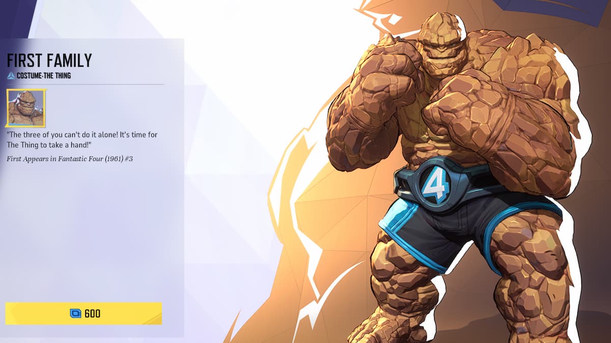 The Thing from the Fantastic Four, a man made up of orange stone with his fists raised and wearing a pair of shorts in Marvel Rivals.