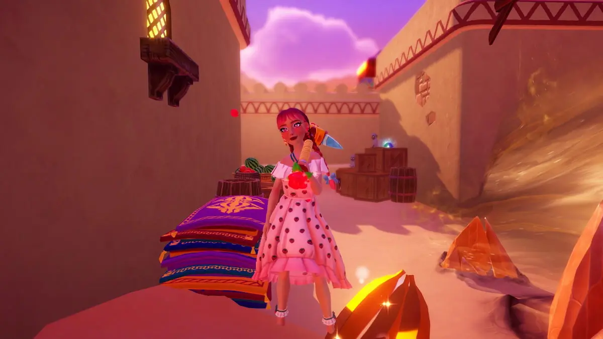 A player with long pink braids and a pink strawberry dress standing next to some golden bananas on the ground in Disney Dreamlight Valley.