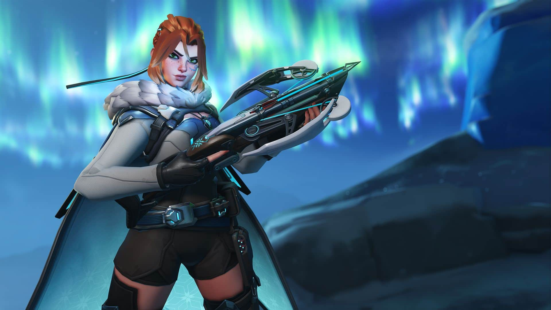 OW2 hero Freja holding a crossbow in front of an Aurora Borealis